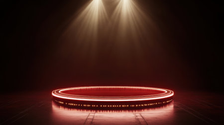 This image captures a stylish empty stage with dramatic lighting, perfect for performances, events, or creative showcases. The circular design and vibrant colors create a captivating ambiance.の素材