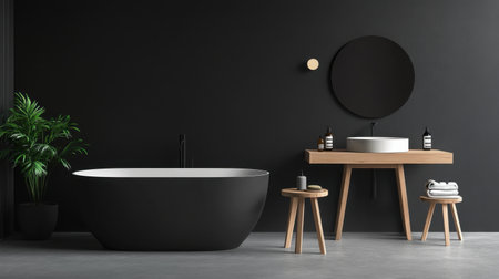 Sleek modern bathroom featuring a freestanding bathtub, wooden vanity, and minimalist decor. Ideal for relaxation and contemporary home aesthetics.の素材