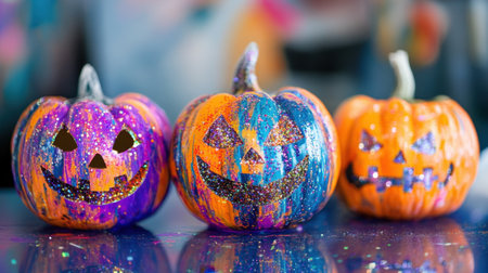 Three decorative Halloween pumpkins in vibrant colors with glitter, showcasing playful faces. Perfect for festive fall celebrations and autumn decorations.の素材