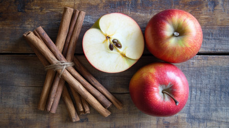 A visually appealing arrangement featuring fresh red apples and cinnamon sticks on a rustic wooden table. Perfect for food photography and culinary inspirations.の素材