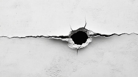 A detailed view of a cracked white wall featuring a round hole, showcasing urban texture and damage. Ideal for creative projects needing a minimalist background.の素材