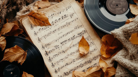 A charming still life composition featuring vintage music sheets and vinyl records nestled among autumn leaves, evoking feelings of nostalgia and warmth.の素材