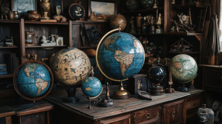 A charming collection of antique globes showcased on a wooden table in a vintage shop. This display captures the essence of exploration and history, inviting curiosity.の素材