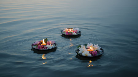 Three floating candles surrounded by colorful flowers rest gently on the serene water surface, creating a tranquil and beautiful ambiance during sunset.の素材