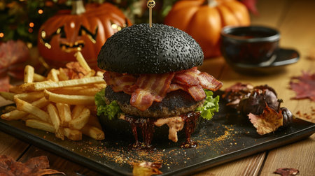 A vibrant Halloween-themed burger featuring a black bun, crispy bacon, and golden fries, beautifully styled on a rustic wooden table with autumn decor.の素材