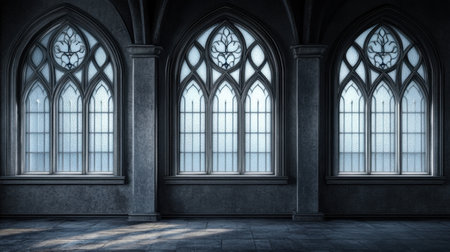 Stunning gothic architecture featuring large arched windows that illuminate the interior with dramatic light and shadows, creating a serene atmosphere.の素材