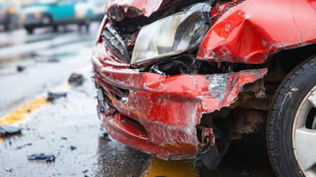 A close-up view of a damaged red car involved in an accident, showcasing the shattered headlight and crumpled front body, illustrating the aftermath of a road collision.の素材