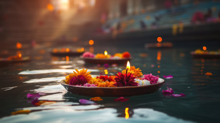A serene scene of floating flowers with candles on water, creating a beautiful ambiance during sunset, representing tranquility and cultural celebrations.の素材