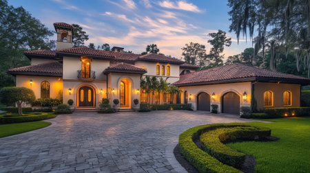 This stunning Mediterranean style villa showcases exquisite architecture and elegant landscaping, illuminated beautifully at twilight for a captivating atmosphere.の素材