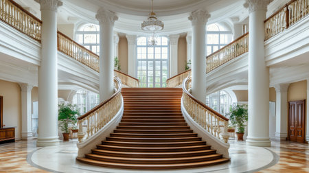 Experience the grandeur of a historic building with an elegant staircase. This stunning interior features intricate design details, natural light, and sophisticated decor.の素材