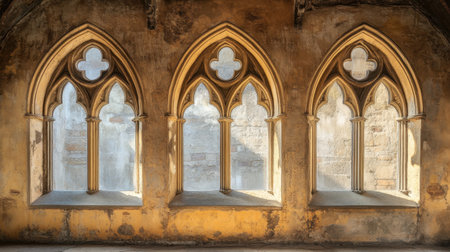 Stunning view of three gothic arched windows showcasing intricate designs and rustic textures. Natural light filters through, enhancing the historic atmosphere.の素材