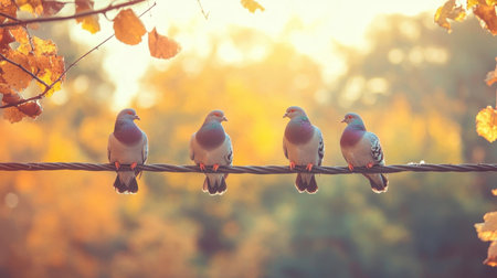 Four colorful birds sit peacefully on a wire against a beautiful autumn backdrop, showcasing vibrant foliage and warm sunlight, perfect for serene nature themes.の素材
