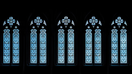 Discover the beauty of stained glass windows showcasing intricate designs and vibrant colors in a dark gothic setting, highlighting architectural craftsmanship.の素材