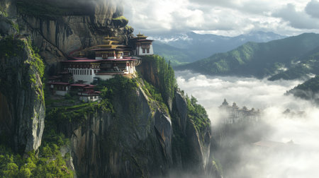 Discover a stunning mountain monastery perched above misty valleys, showcasing unique architecture and dramatic landscapes in a tranquil natural setting.の素材