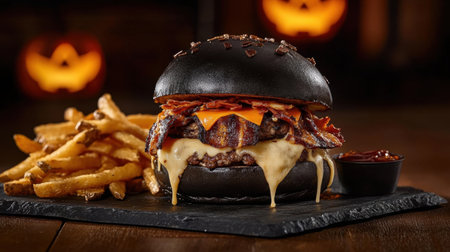 Indulge in this visually striking black bun burger topped with crispy bacon, melted cheese, and accompanied by golden fries, perfect for Halloween celebrations.の素材