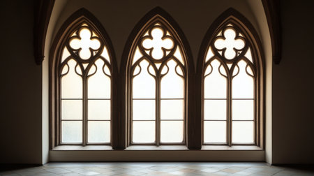 Beautiful gothic windows create a serene atmosphere in an empty room with soft lighting, highlighting architectural details and elegance in design.の素材