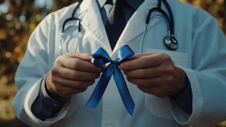 A healthcare professional in a white coat holds a blue ribbon outdoors, symbolizing hope and awareness. This image conveys a message of care and compassion in healthcare.の素材