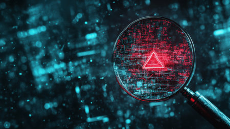 A magnifying glass highlighting a digital triangle in a visually striking cyber background, representing innovation and the search for hidden patterns in technology.の素材