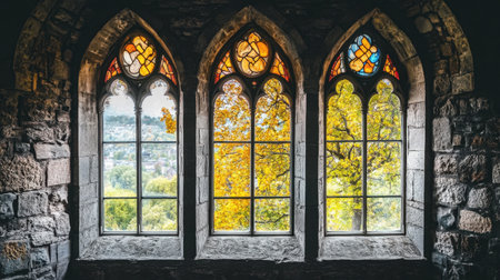 A stunning view through three stained glass windows, showcasing vibrant autumn foliage. The stone architecture adds a historic charm to this peaceful scene.の素材