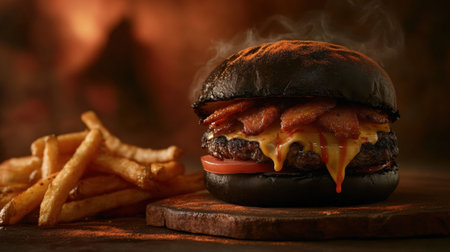 This close-up shot features a juicy charcoal burger topped with crispy bacon and melted cheese, served alongside golden fries. Perfect for food lovers!の素材