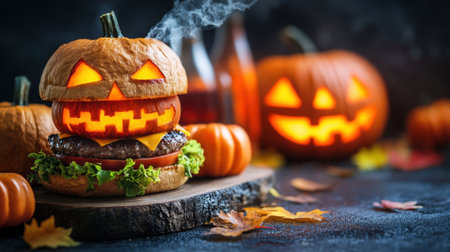 A whimsical Halloween burger featuring a carved pumpkin as a top bun, surrounded by seasonal decorations, perfect for festive gatherings and creative culinary ideas.の素材