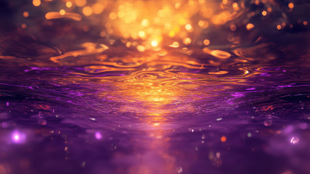 Captivating image showcasing an ethereal reflection of shimmering light over a calm water surface at dusk, creating a serene and tranquil atmosphere.の素材