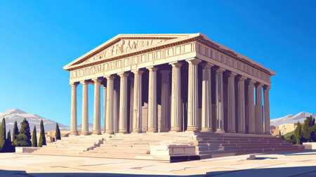 Discover a stunning depiction of an ancient Greek temple set against a serene mountain backdrop. This iconic structure showcases timeless architecture with majestic columns and intricate details.の素材
