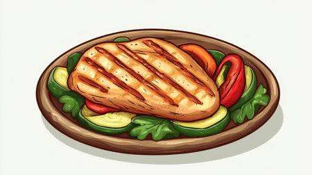 A beautifully illustrated grilled chicken breast served on a vibrant bed of fresh vegetables, showcasing a delicious and healthy meal perfect for any culinary enthusiast.の素材