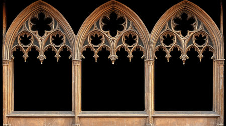 Stunning Gothic arched windows showcase intricate wooden carvings and detailed craftsmanship. Ideal for historical architecture themes and cultural heritage projects.の素材