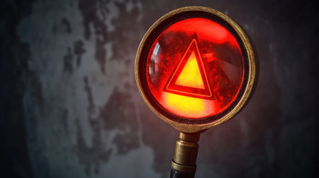 A striking red warning signal features a triangle icon, illuminating a dark background. This image conveys urgency and safety, perfect for various design projects.の素材