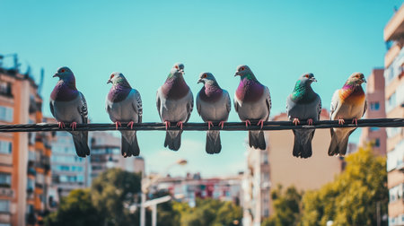 A group of colorful pigeons perched on a wire against a vibrant urban backdrop. The scene captures the beauty of nature in a city setting, showcasing the lively interaction of wildlife and architecture.の素材