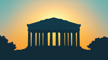 A stunning silhouette of an ancient temple set against a vibrant orange sunset. This image captures the tranquility and historical beauty, perfect for travel or architectural themes.の素材