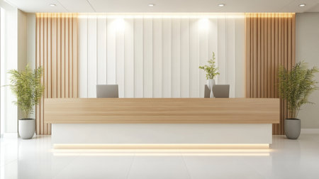A modern reception area featuring a sleek wooden desk, elegant plants, and minimalist decor, creating a bright and welcoming professional environment.の素材