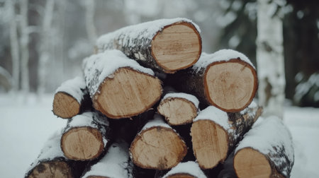 This image features freshly cut logs stacked in a serene snowy forest, capturing the tranquility of winter's embrace on nature. Ideal for seasonal themes.の素材