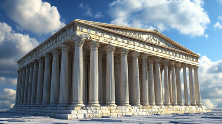 A stunning ancient temple showcases grand columns against a dramatic sky. This architectural marvel represents historical significance and cultural heritage.の素材