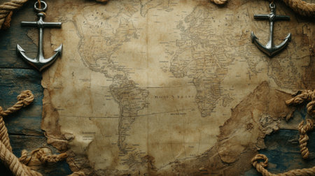 A beautifully aged vintage world map placed on a rustic wooden surface, framed by anchors and twisted rope, perfect for travel-themed design projects.の素材