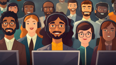 A vibrant illustration of a diverse group of professionals engaged in virtual collaboration, wearing headsets, and focused on their tasks, showcasing teamwork and communication.の素材
