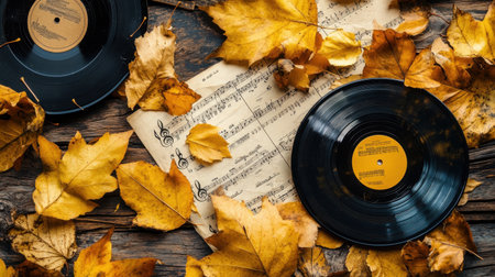 A captivating arrangement of vintage vinyl records surrounded by autumn leaves and a music sheet, evoking nostalgia and warmth of the season.の素材