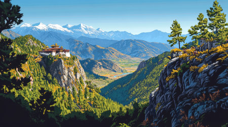 A stunning mountain landscape featuring a serene temple set against a backdrop of majestic peaks and lush forests, capturing the essence of tranquility and natural beauty.の素材