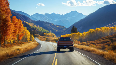 Capture the essence of adventure with this stunning image of a truck driving along a scenic road adorned with vibrant autumn colors and majestic mountains in the backdrop.の素材