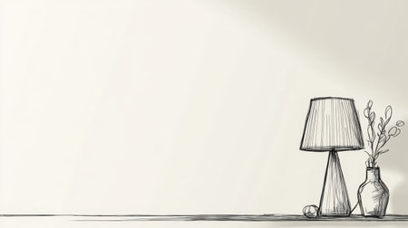 This minimalist illustration features a stylish lamp and a vase with elegant branches. Perfect for enhancing modern home decor and adding a serene touch.の素材