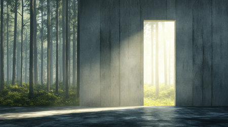 A serene scene featuring a doorway illuminated by soft sunlight, opening into a lush forest. The composition highlights the contrast between the modern structure and natural beauty.の素材