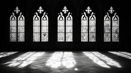 This striking image features intricate gothic windows that cast enchanting shadows across a historic indoor space, creating a dramatic and ethereal atmosphere.の素材