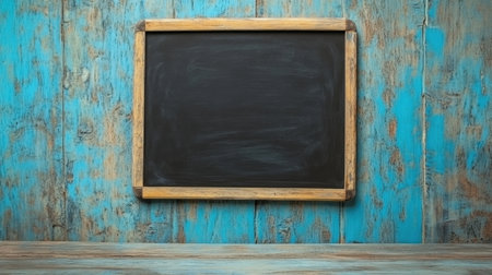 This image features a blank chalkboard framed in rustic wood against a vibrant blue wooden background, perfect for educational, creative, or decorative uses.の素材