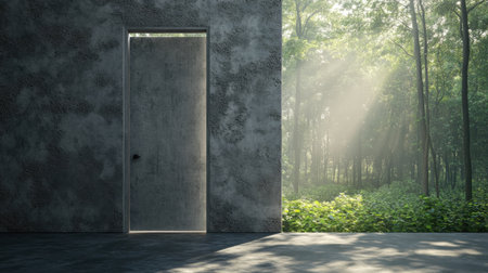 A modern doorway frames a sunlit forest, inviting fresh air and tranquility. The interplay of light and shadows creates a serene atmosphere. Perfect for themes of nature and escape.の素材