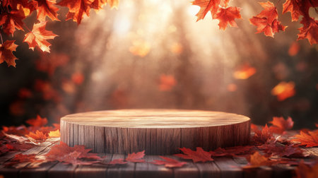 A serene autumn scene featuring a wooden round platform surrounded by colorful leaves. The warm sunlight creates a tranquil atmosphere, perfect for seasonal photography.の素材