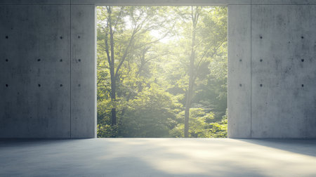 This image depicts a modern minimalist interior, showcasing a large window framed by concrete walls, offering a serene view of a lush green forest illuminated by soft sunlight.の素材
