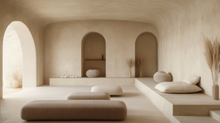 Experience a serene minimalist interior showcasing natural textures and soft lighting. This space emphasizes elegance, comfort, and tranquility, making it perfect for modern living.の素材