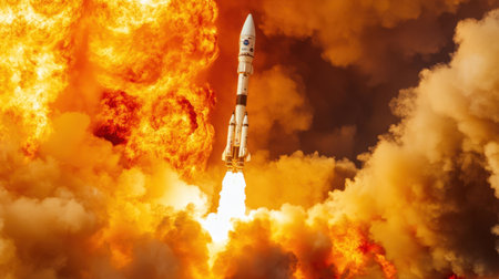 A powerful rocket ascends against a dramatic backdrop of flames and smoke, symbolizing human innovation, exploration, and the spirit of adventure in space.の素材