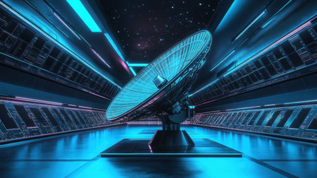 A striking futuristic satellite dish sits in a high-tech environment, illuminated by vibrant neon lights, showcasing advanced technology and cosmic ambiance.の素材